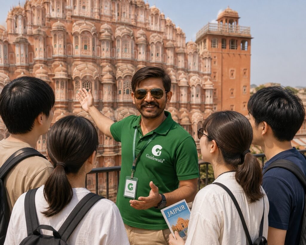 Professional Tour Guide in India helping foreign tourists explore historical monuments